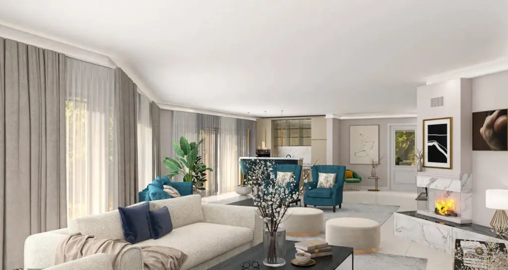 Living room interior concept with wall cladding and warm lighting