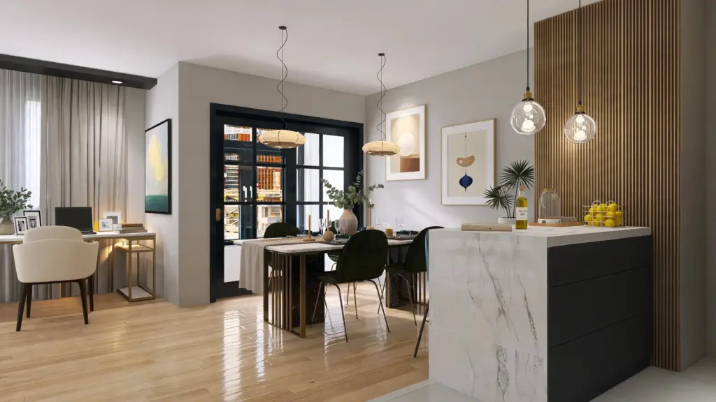 Open-plan living room 3D visualization with natural materials