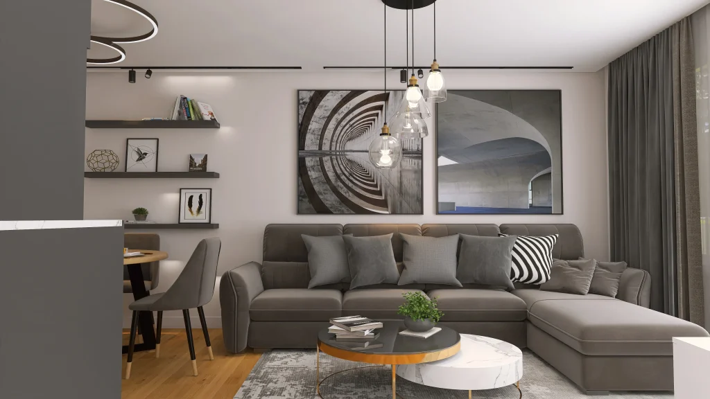 Modern apartment interior design with custom furniture